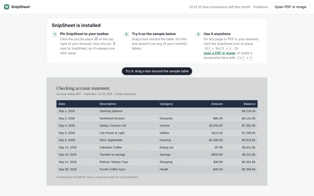 SnipSheet welcome page with a sample bank statement to try